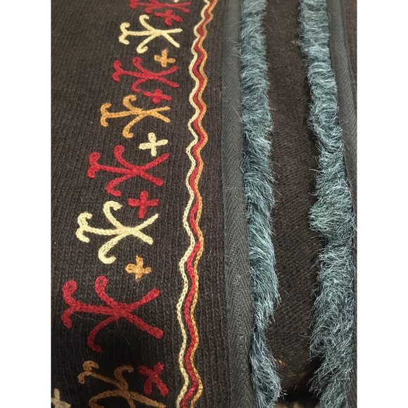 Lux wool abstract embroidered brown sweater grey fur trim size Medium - Picture 6 of 6